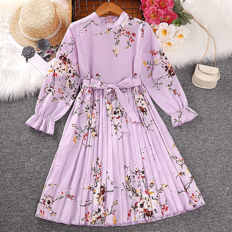 Kid Girls Princess Retro Long-sleved Autumn Winter Flower Dress