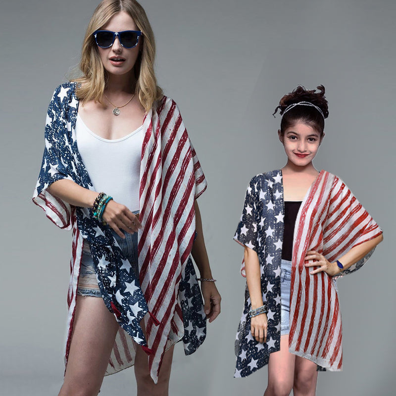 Family Matching Mother Daughter Independence Day Flag Cape Dress