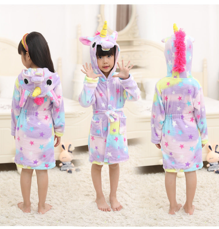 Kid Girl Flannel Pegasus Bathrobe Animal Gown Rainbow Cartoon Pajamas