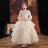 Kid Girl Flower Little Host Piano Performance Long Sleeve Dress