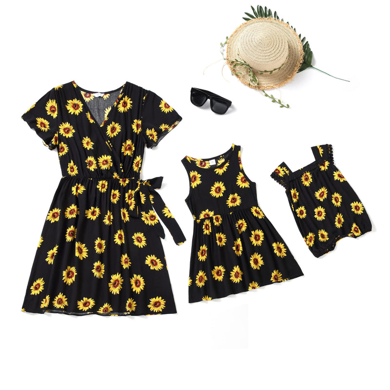Family Matching Flower Printed V-neck Parent-child Dresses