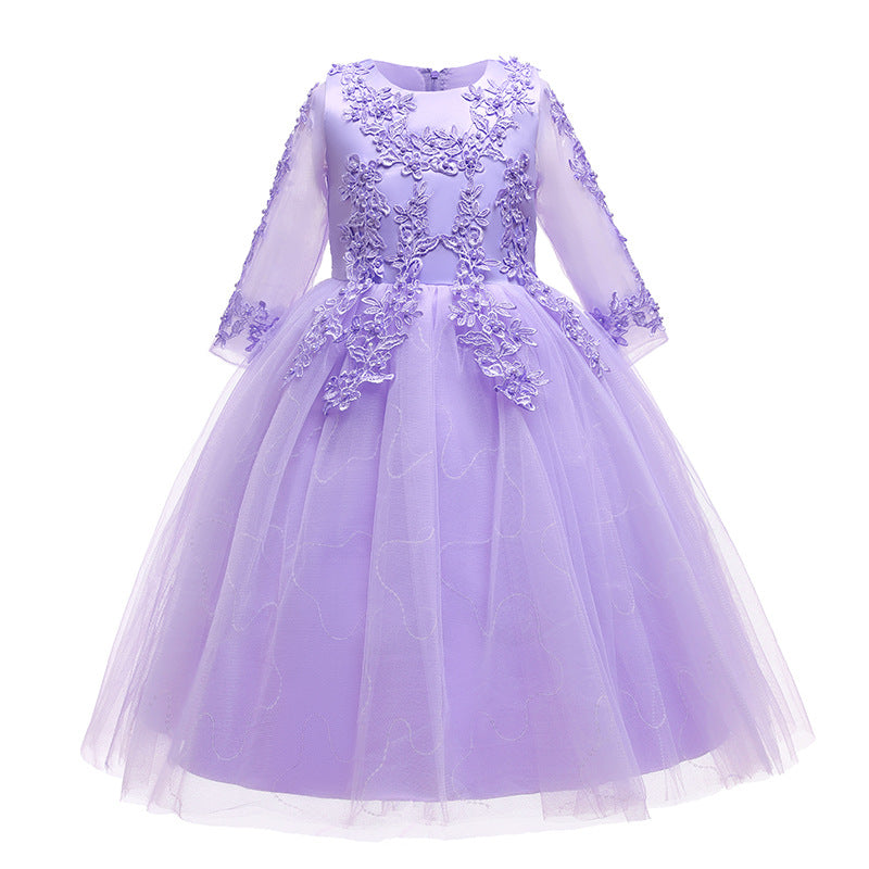 Kid Girl Wedding Pompous Gauze Princess Long Sleeve Sequin Mesh Dresses