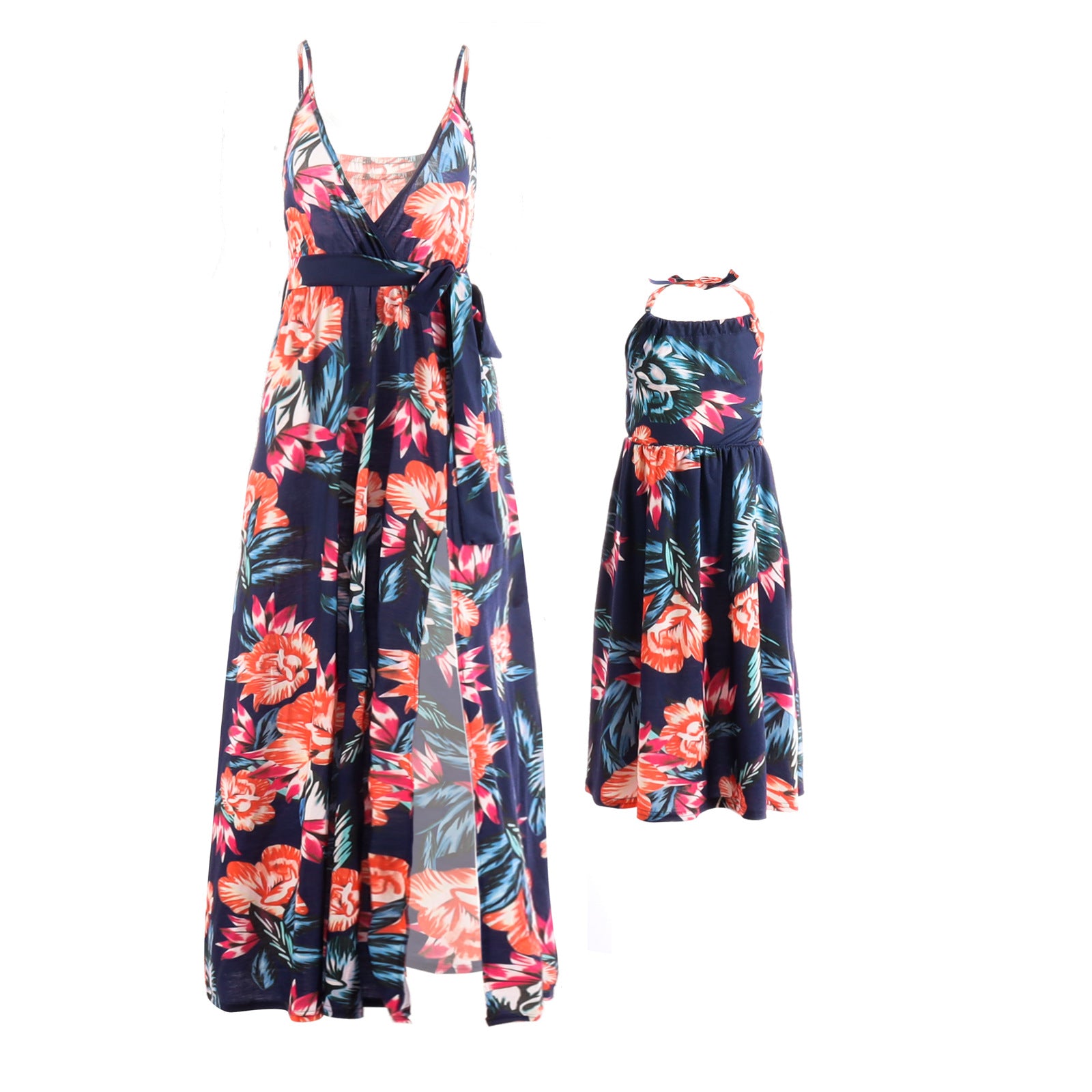 Family Matching Mother Daughter Halter Belt Flower Printed Garden Dresses
