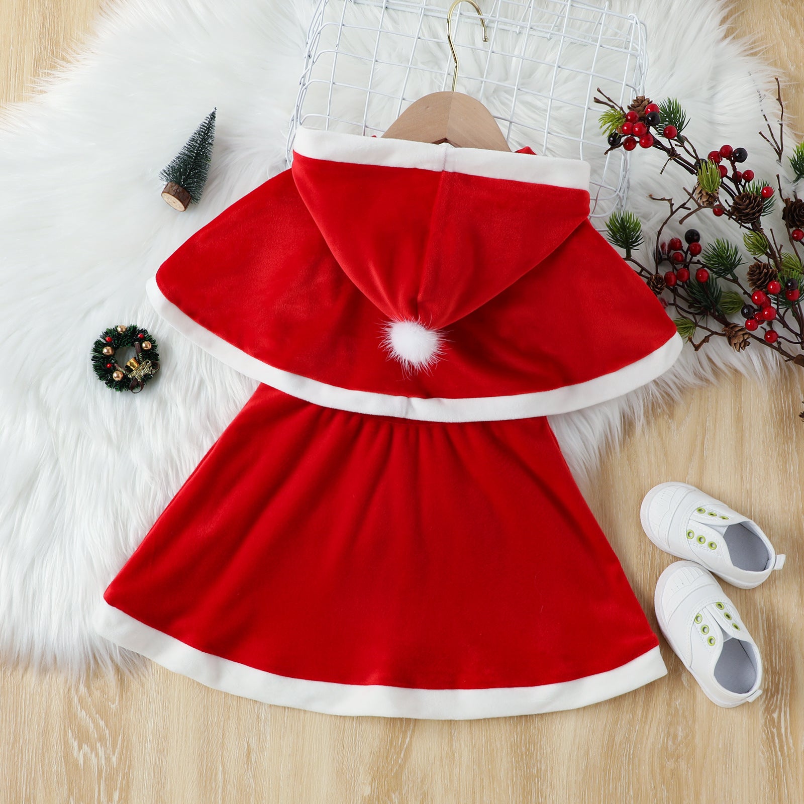 Kid Baby Girls Christmas Red Fox Velvet Hooded Dresses