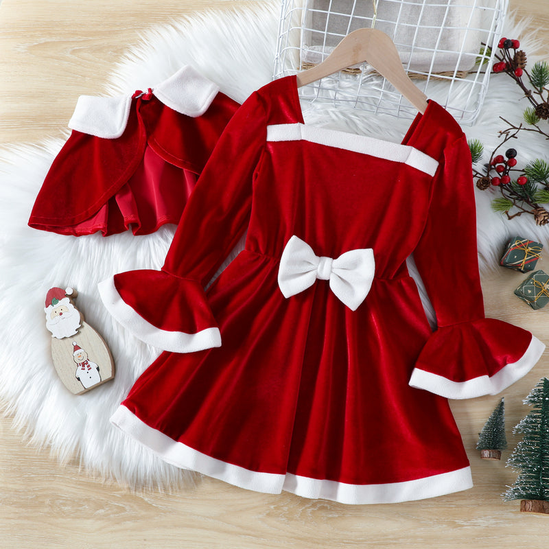 Kid Baby Girls Christmas Velvet Lapel Flared Sleeves Dresses