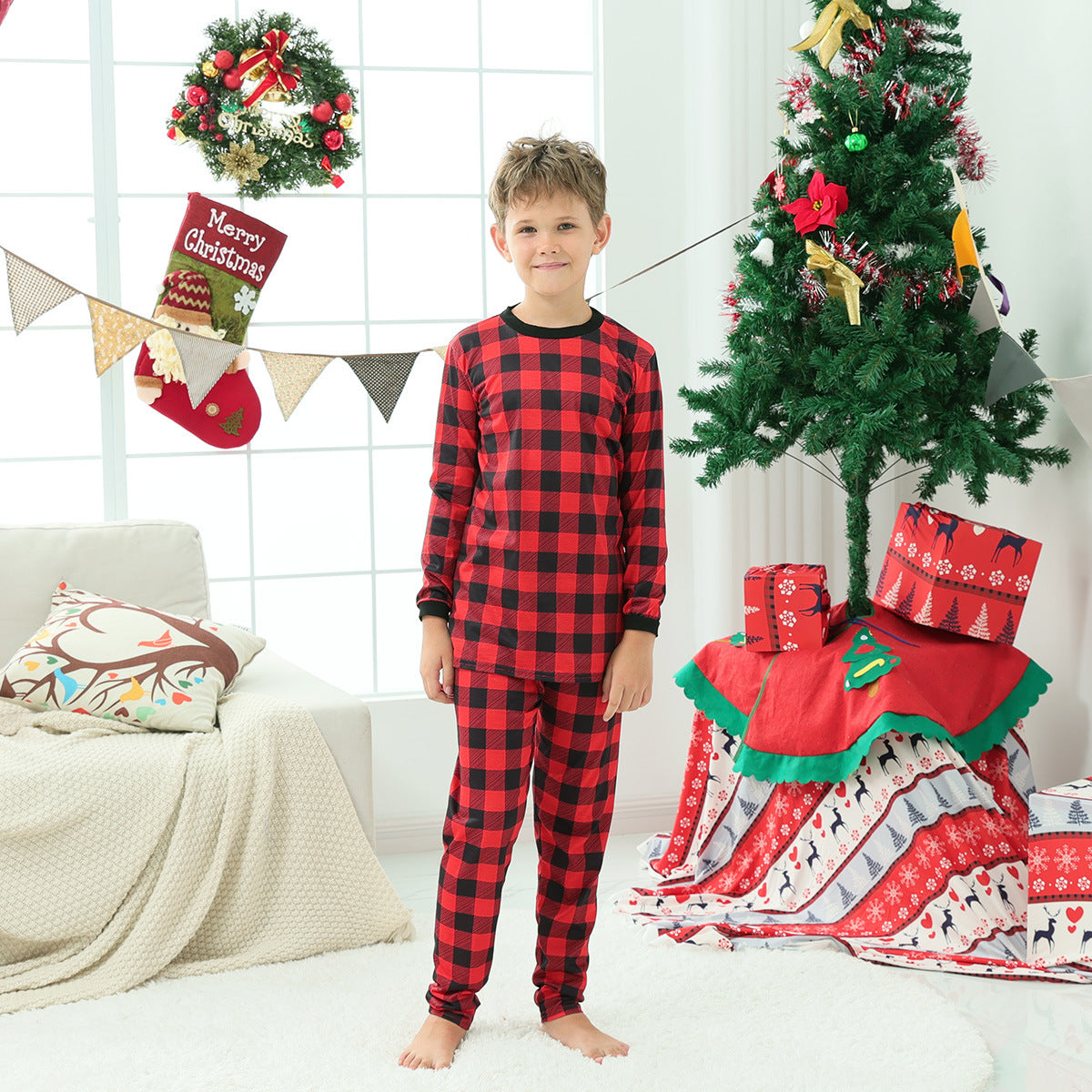 Family Matching Christmas Home Red Plaid Long-sleeved Pajamas