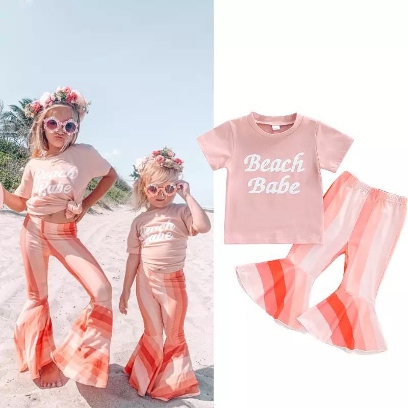 Baby Girls Suit Summer Stripe Bell Bottom Short Sleeve 2 Pcs Set