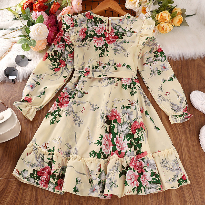 Kid Girl  Korean Long Sleeves Retro Autumn Flower Dresses