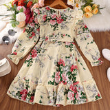 Kid Girl  Korean Long Sleeves Retro Autumn Flower Dresses
