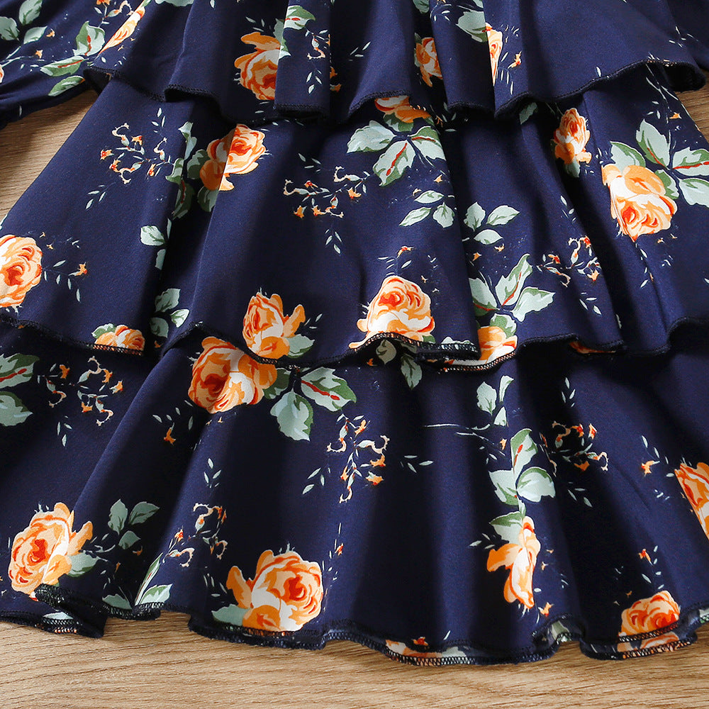 Kid Baby Girl Autumn Rose Print Multi-layer Long-sleeved Flower Dress