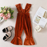 Baby Girl Jumpsuit Solid Color Wooden Ear Sleeve Suspenders Pants
