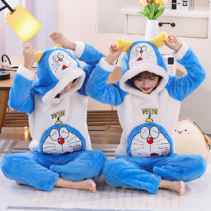 Kid Baby Boy Girl Plush Pajamas Cartoon Hooded Thickened Coral Pajamas