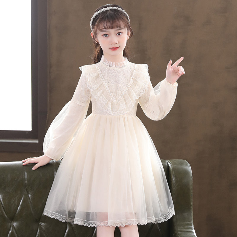 Kid Baby Girl Pearl Lace Gauze Princess Long Sleeve Dresses