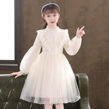 Kid Baby Girl Pearl Lace Gauze Princess Long Sleeve Dresses