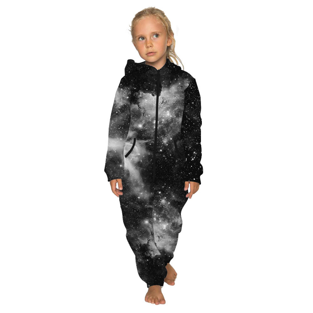 Family Matching Star Digital Print Fashion Zipper Long Sleeve Pajamas