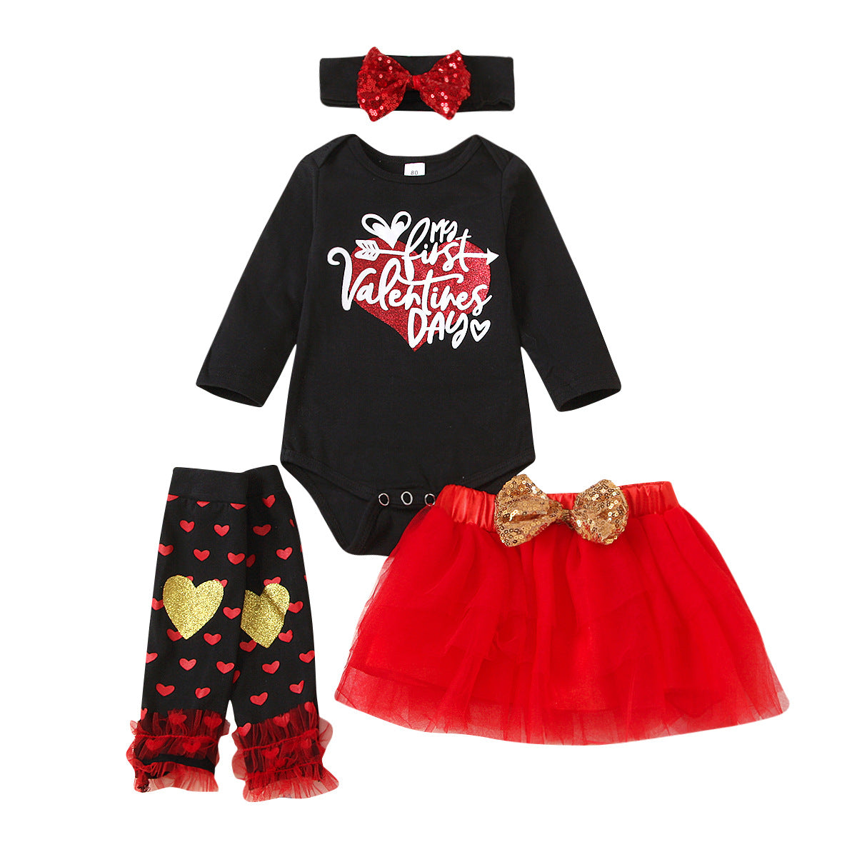 Baby Girl Valentine's Day Party Dress Black Long Sleeve 4 Pcs Sets