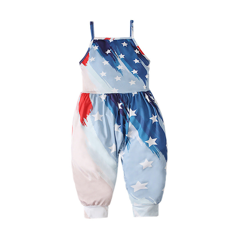 Kid Baby Girl Onesie Crawl Suit  American Flag Halter Pants Trousers
