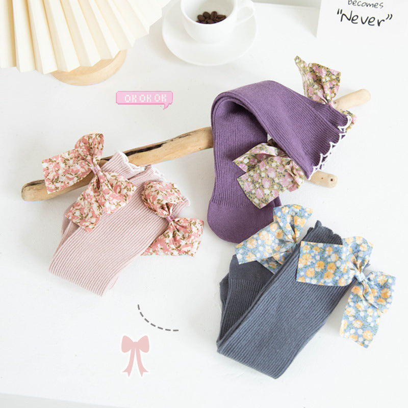 Baby Girl Floral Printed Bow Socks Knee High Socks Sweet Long Socks