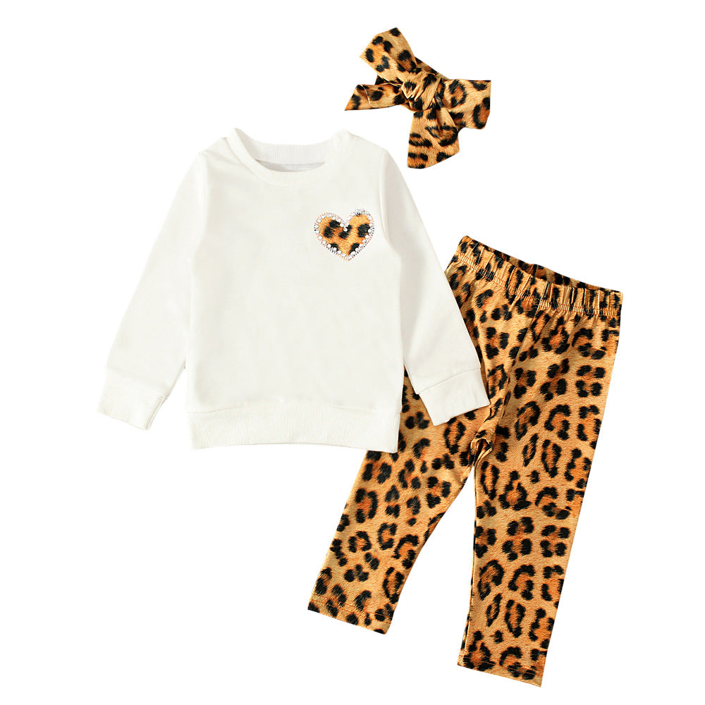 Baby Girls Valentine's Day Long Sleeve Love Leopard Print 3 Pcs Sets