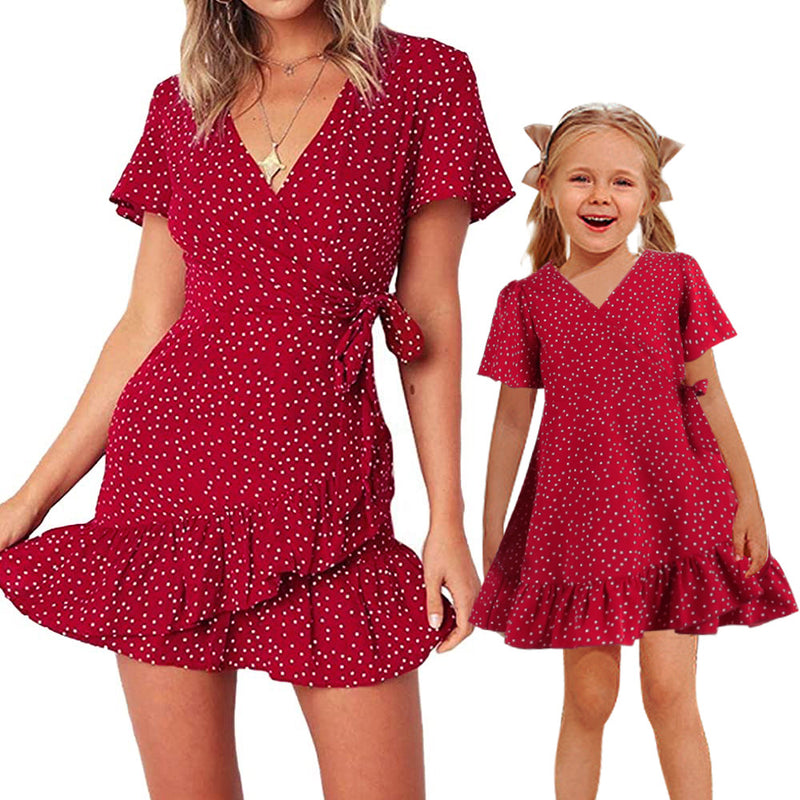 Family Matching Polka Dot Agaric Hem Strap Loose Dresses