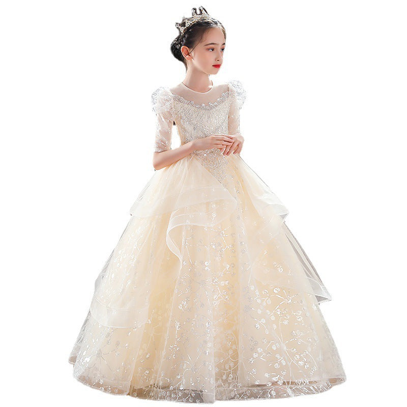 Kid Girl Show Flower Yarn Hosts Piano Performance Dress