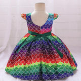 Kid Baby Girl Princess Rainbow Bow Small Flying Sleeve Piano Performance Dress