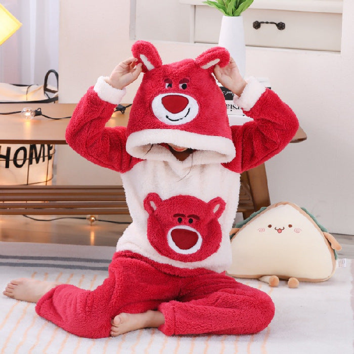 Kid Baby Boy Girl Plush Pajamas Cartoon Hooded Thickened Coral Pajamas
