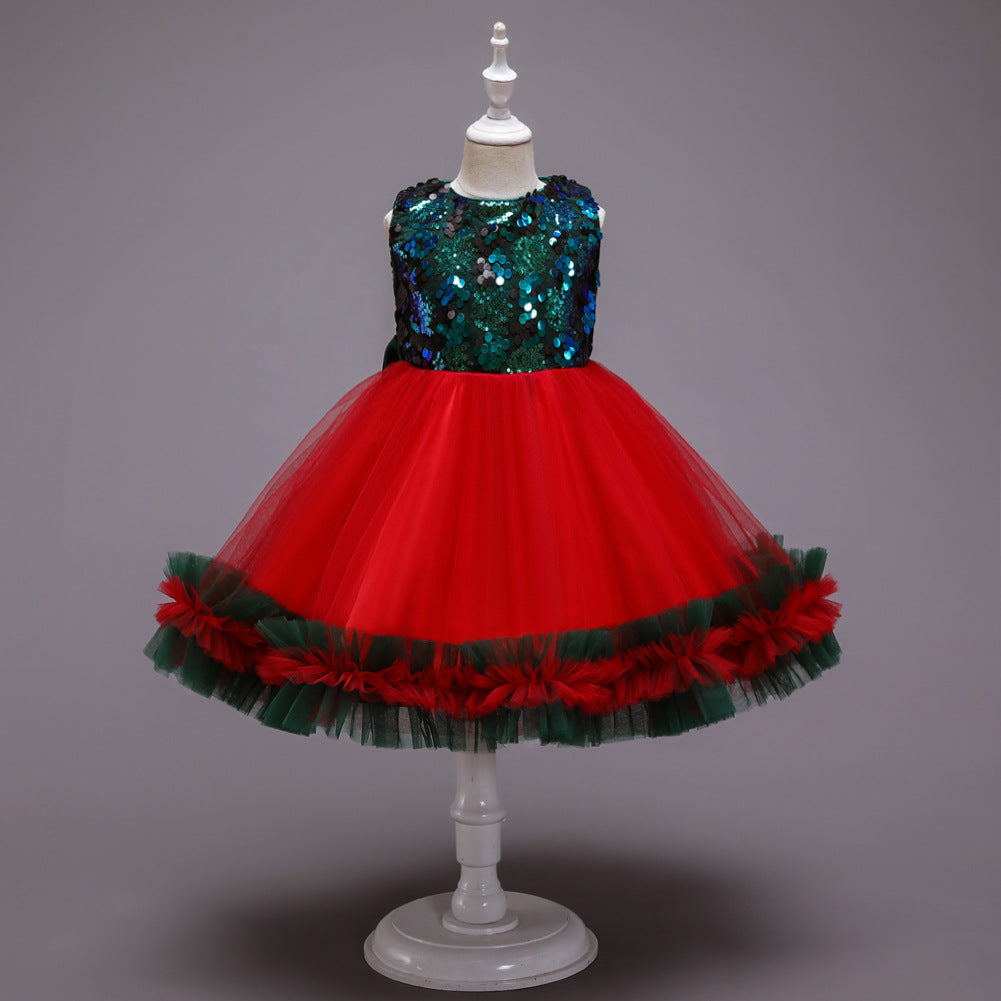Kid Baby Girls Big Sequins Gauze Bow Tie Princess Pompous Dresses
