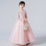 Kid Girls Gauze Sleeve Sequined Fluffy  Flower Sweet Princess Show Dresses