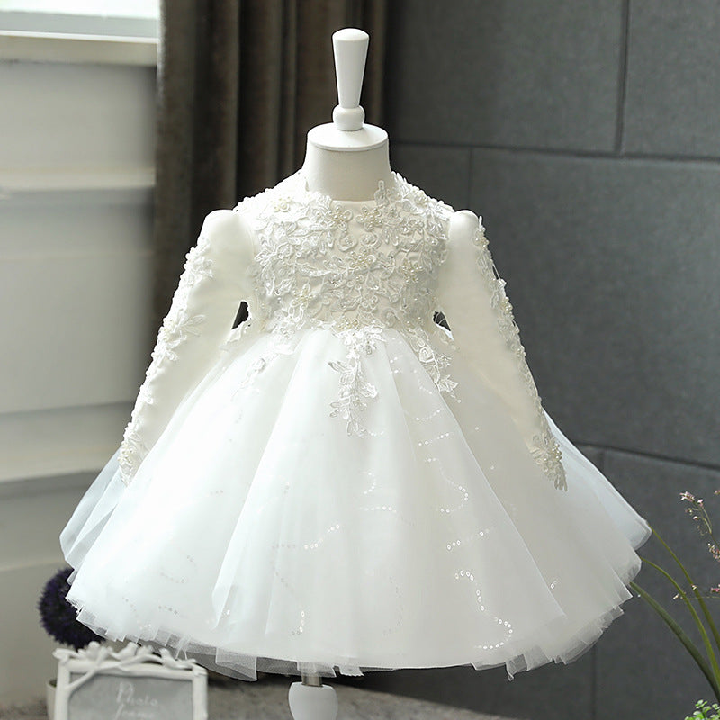 Kid Baby Flower Girl Wedding Pomfret Yarn Long Sleeve Birthday Princess Dress