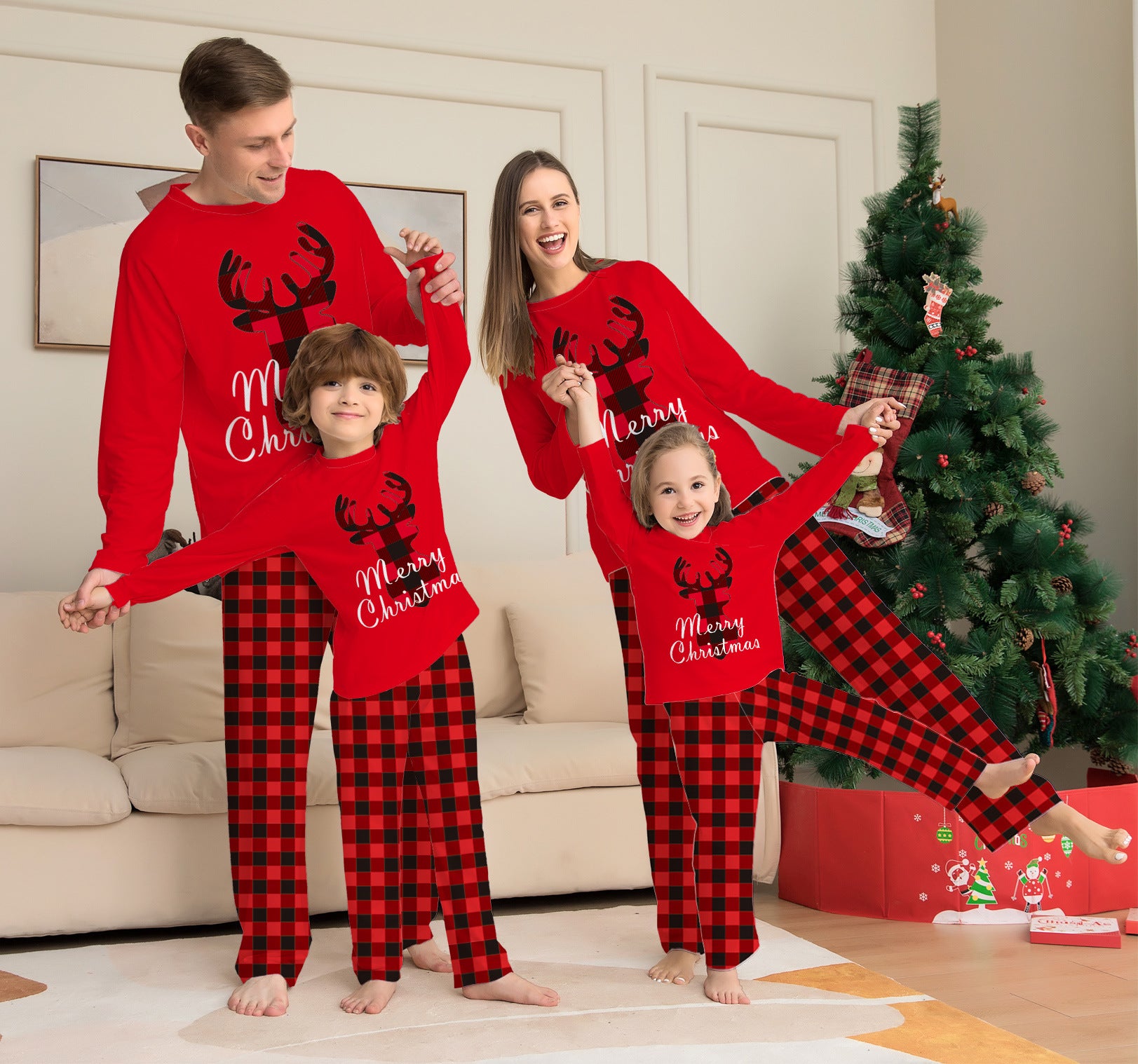 Family Matching Letter Plaid Fawn Christmas Parent-child Loungewear Pajamas