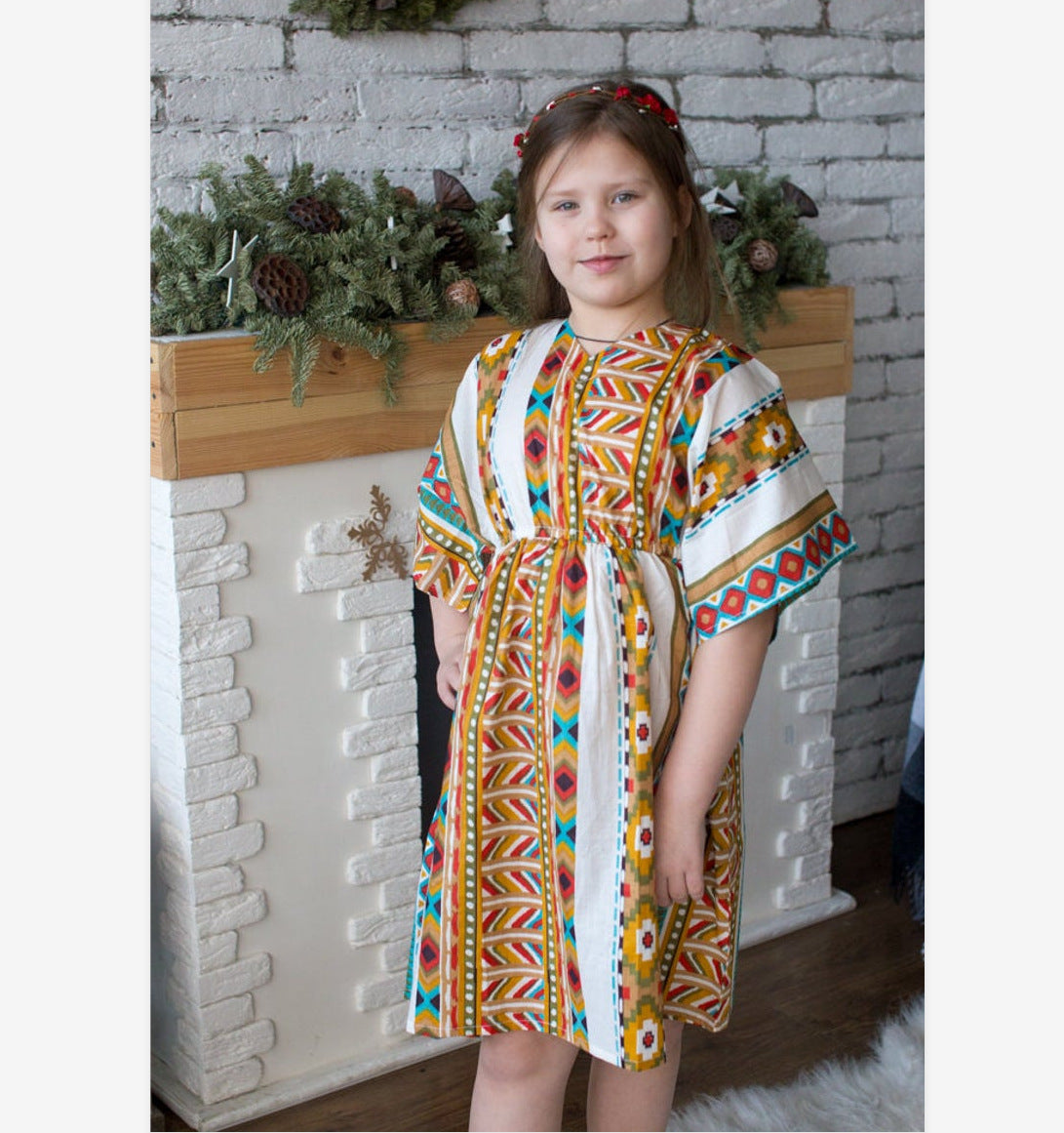 Family Matching Geometric Print V-neck Short Sleeve Long Dress