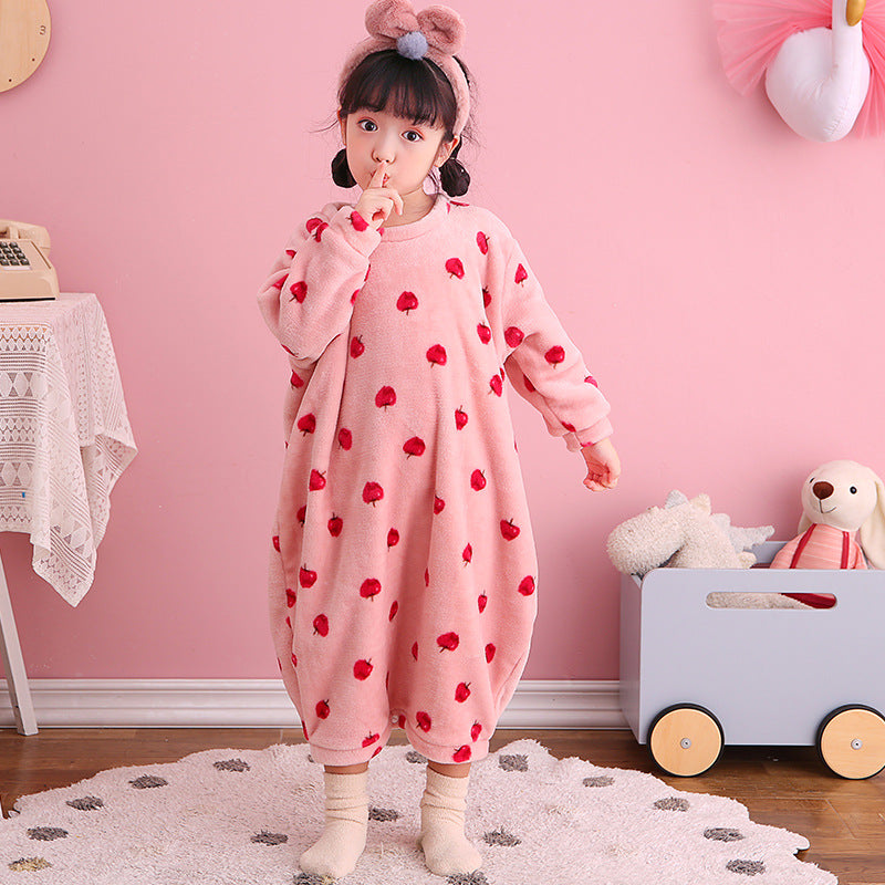 Autumn Winter Plush Kids Baby Boy Girl One-piece Cute Cartoon Coral Pajamas