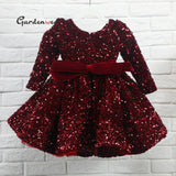 Kid Girl Wine Red Princess Sequins Bowknot Long Sleeve Birthday Dress