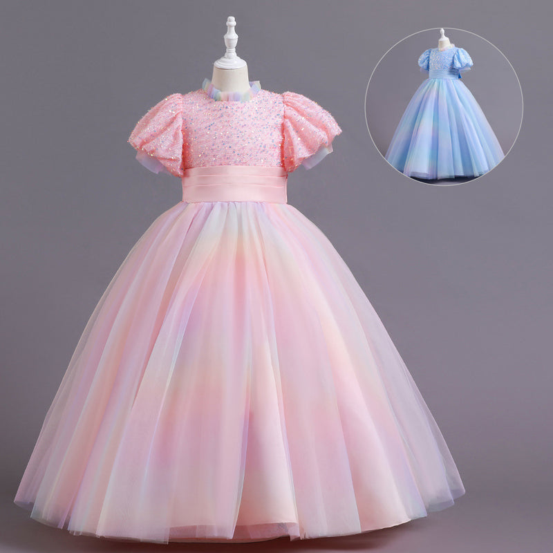 Kid Gir Princess Mesh Gauze Wedding Bubble Sleeve Piano Long Dresses