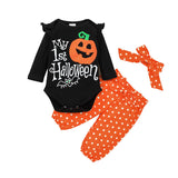Baby Girl Boy Long Sleeve Halloween Print Bodysuit Pumpkin 2 Pcs