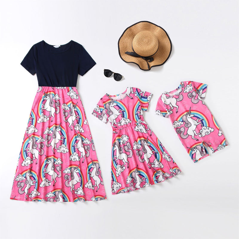 Family Matchinf Parent-child Round Collar Short Sleeve Rainbow Pony Dresses