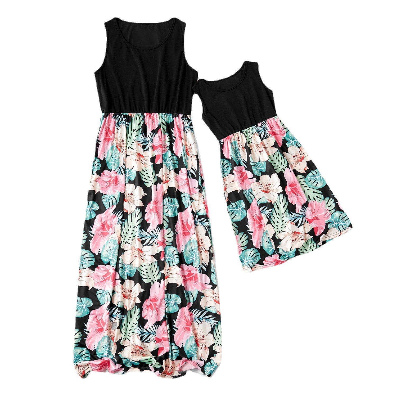 Family Matching Mother-daughter Round Necks Loose Prints Dresses