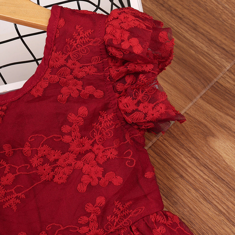 Kid Baby Girl Summer Western Bow Flying Sleeve Embroidery Gauze Flower Dresses