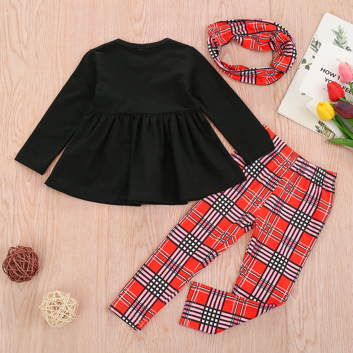 Baby Toddler Girl Valentine Love Long-sleeve Plaid Suit 2 Pcs Sets