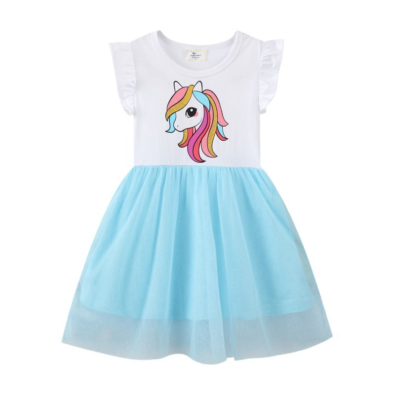 Kid Baby Summer Patchwork Gauze Sleeveless Unicorn Casual Dresses