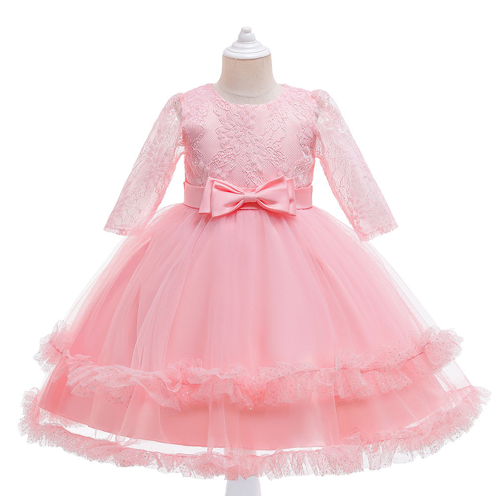 Kid Girls Long-sleeved Pure Mesh Tulle Princess Dresses