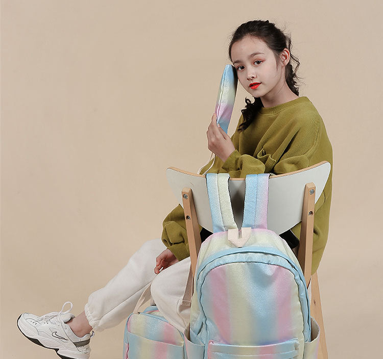 Girl Backpack 3 Piece Set Gradual Rainbow Backpack Lunch Bag Pen Bag