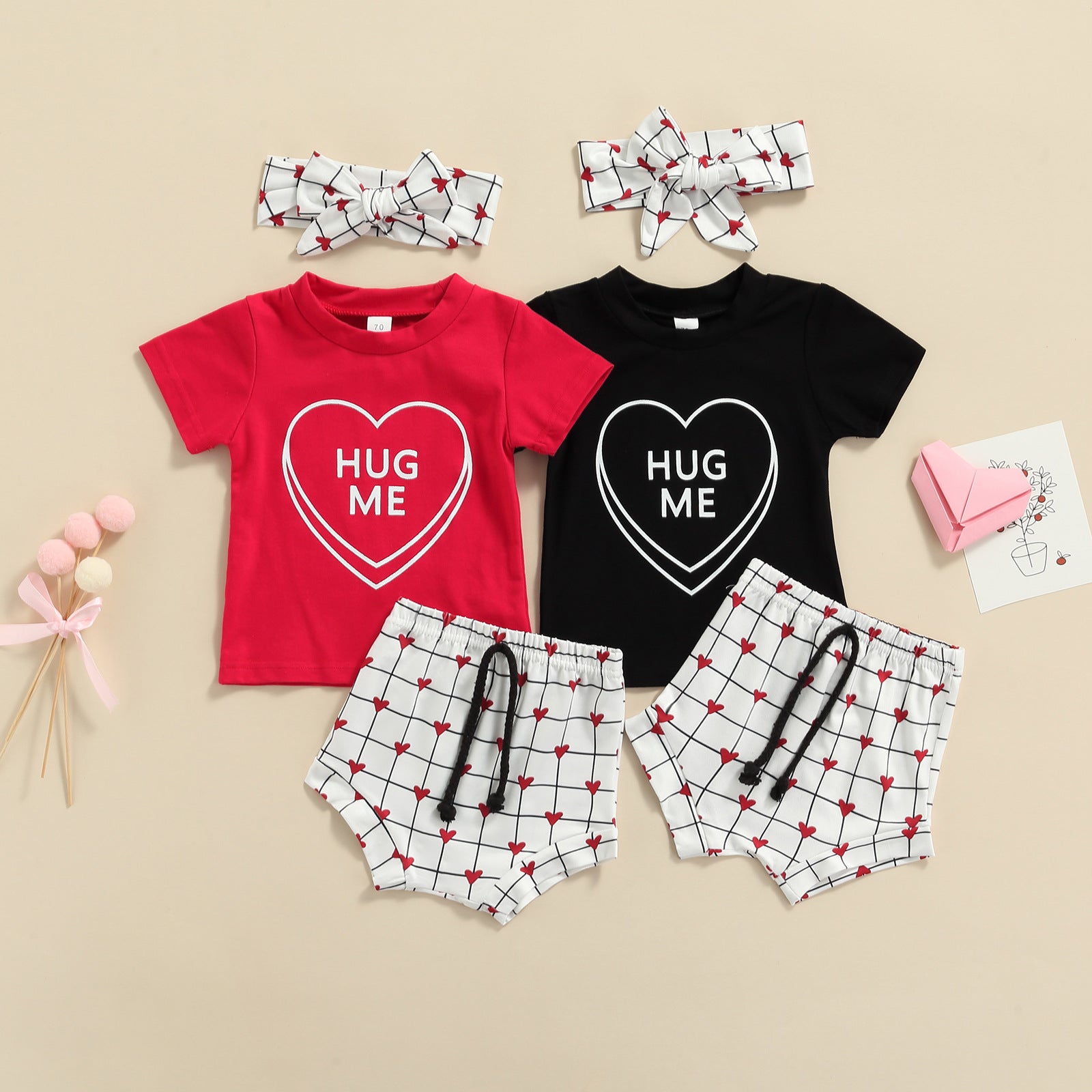 Baby Girl Valentine's Day Love Printed Short Sleeve 3 Pcs