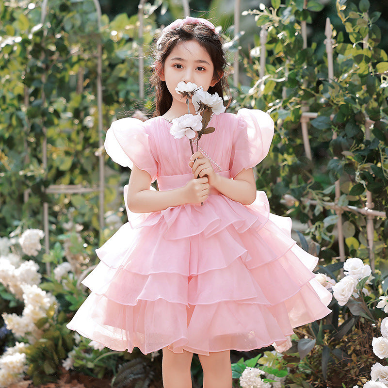 Kid Girl Summer Fairy Pink Puff Bubble Sleeve Princess Dresses