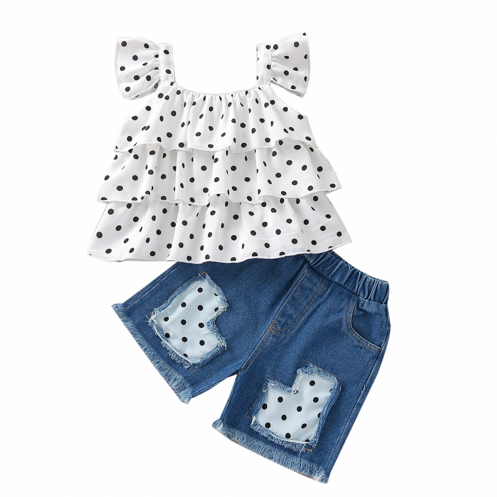 Summer Kid Baby Girls Polka Dot Halter Top Jean Shorts 2 Pcs Sets