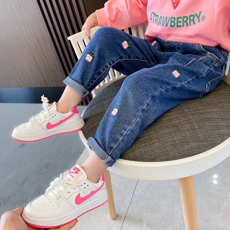 Kid Girls Flower Jeans Foreign Casual Trousers Spring Autumn Pants