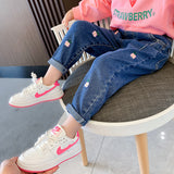 Kid Girls Flower Jeans Foreign Casual Trousers Spring Autumn Pants