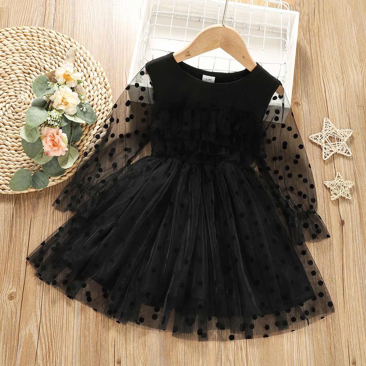 Kid Girl Long Sleeve Polka Dot Lace Princess Gauze Dress