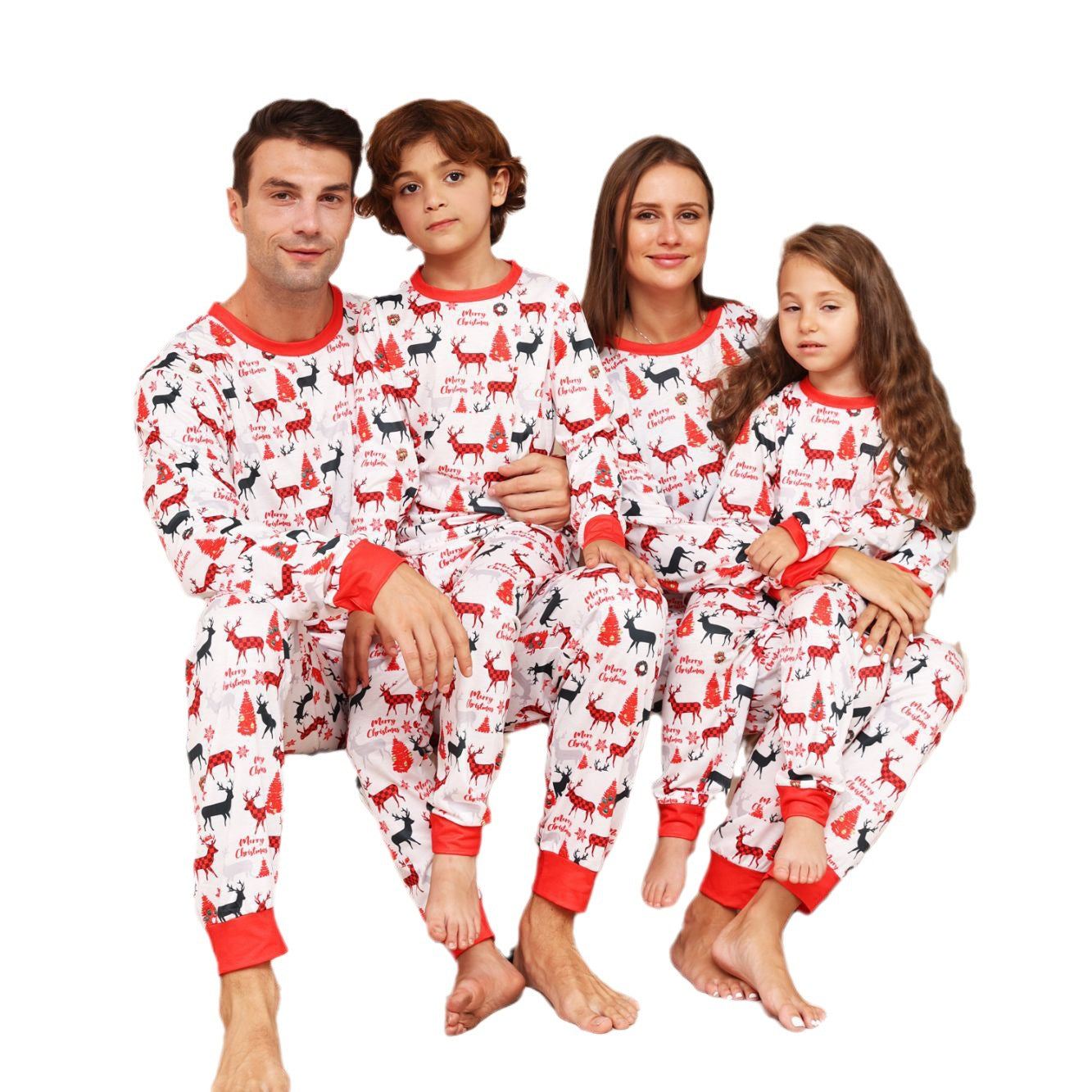 Family Alphabet Cartoon Fawn Christmas Printed Homewear Pajamas